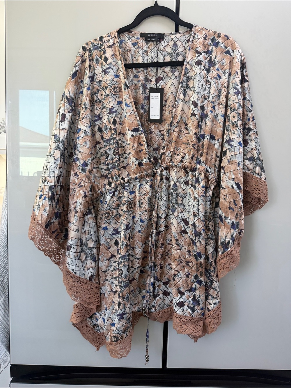Vertigo Peach Mosaic-Print V-Neck Tunic with Lace Trim